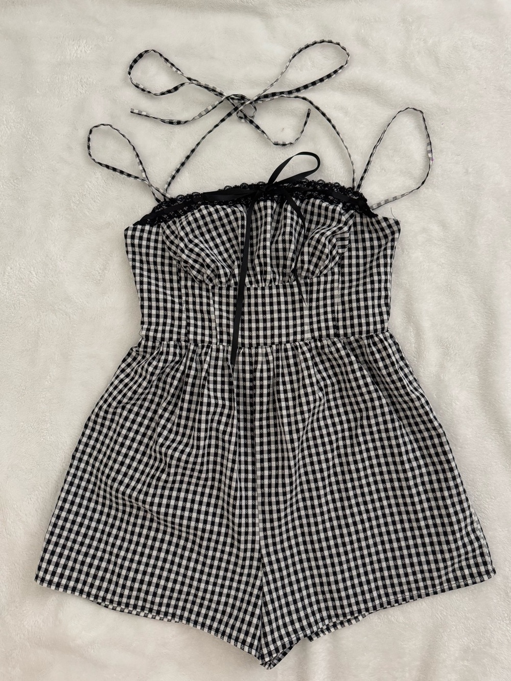 Gingham Black and White Lace-Trim Romper